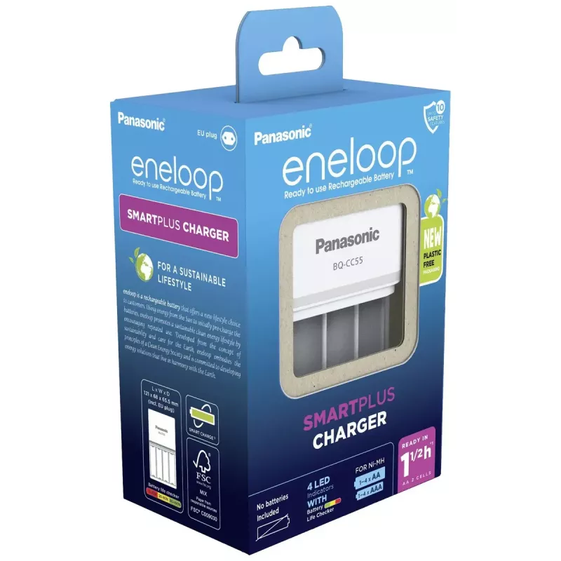 Batterijlader Panasonic BQ-CC55E — compacte NiMH/NiCd-lader voor AA/AAA-accu's