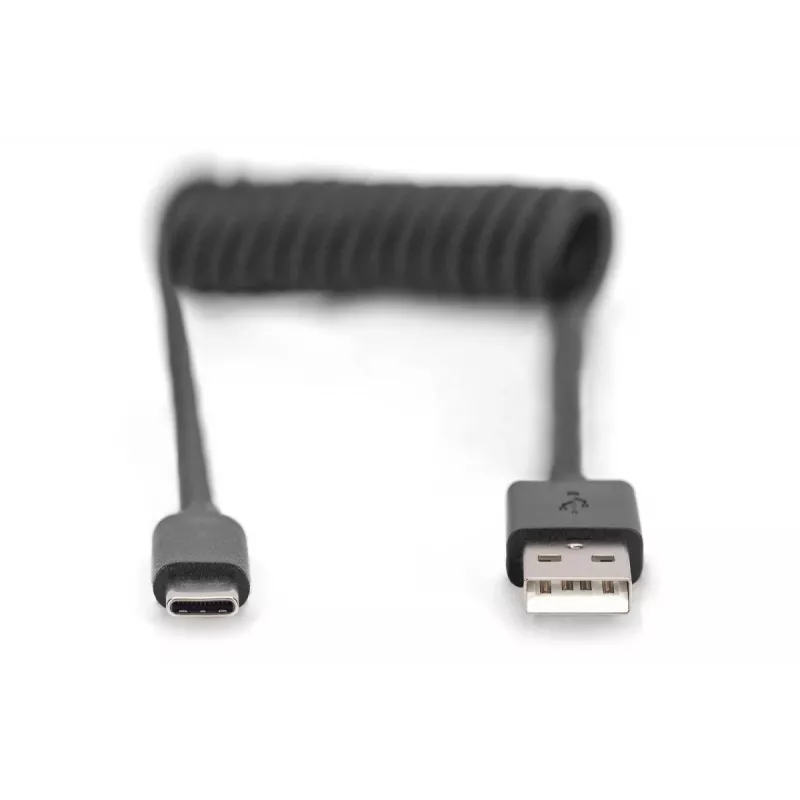 Digitus AK-300430-006-S USB 2.0 USB-A naar USB-C spiraalkabel, 1 m, 480 Mbit/s, 60 W PD, zwart