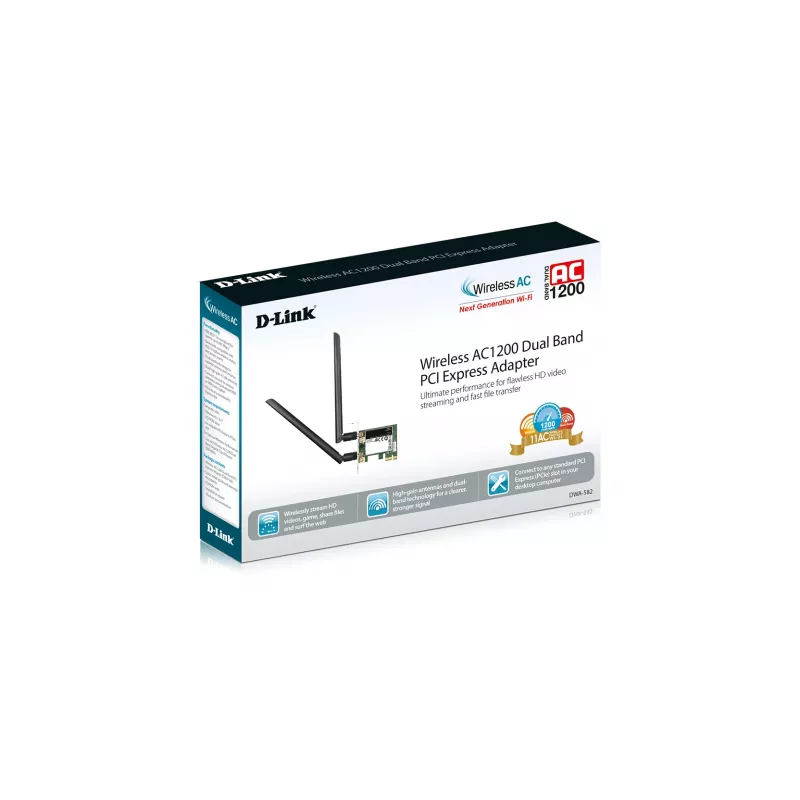 D-Link DWA-582 Wireless AC1200 dual-band PCIe-netwerkkaart voor desktop, wifi 802.11n/ac, 867 Mbit/s 5 GHz + 300 Mbit/s 2,4 GHz