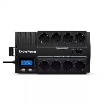 Uninterruptible Power Supply CYBERPOWER BR1000ELCD — line-interactive UPS 1 kVA / 600 W, 8 Type F stopcontacten, USB, desktop, zwart