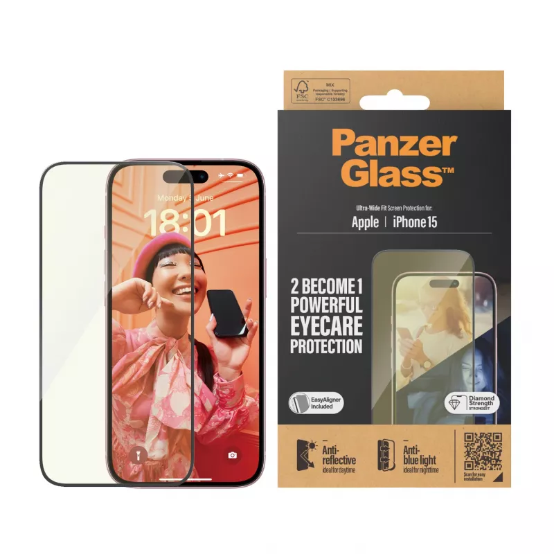PanzerGlass® EyeCARE™ displayscherm iPhone 15 | Ultra-Wide Fit met EasyAligner