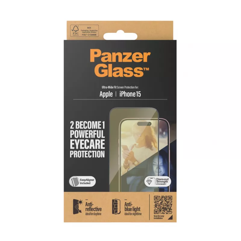 PanzerGlass® EyeCARE™ displayscherm iPhone 15 | Ultra-Wide Fit met EasyAligner