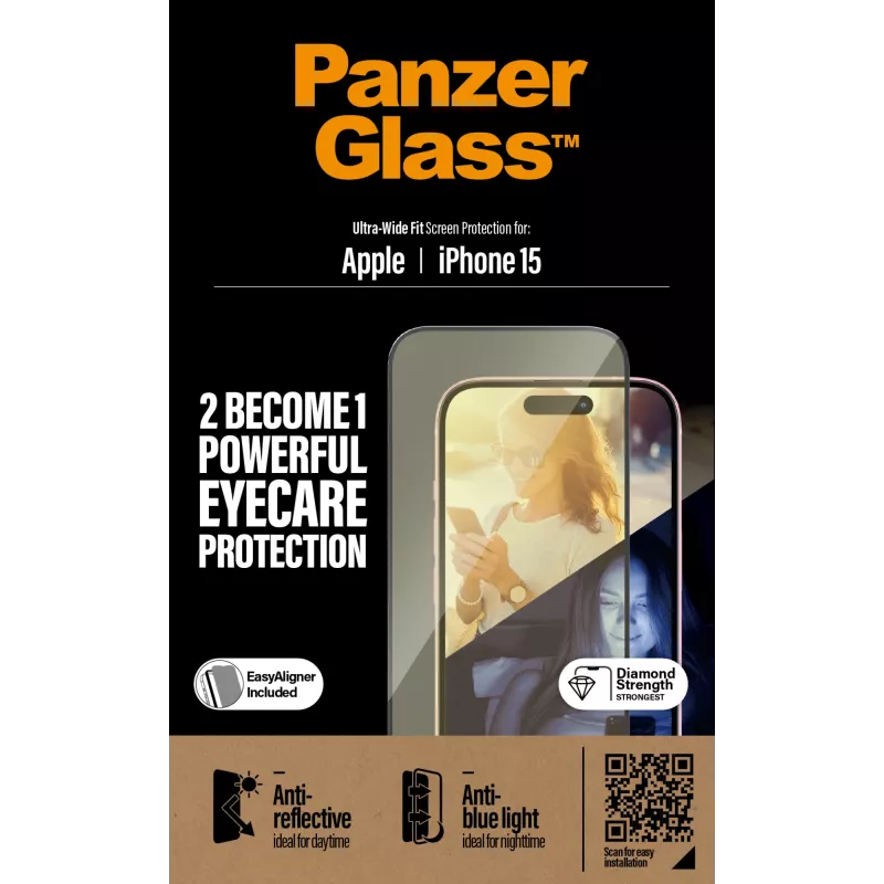 PanzerGlass® EyeCARE™ displayscherm iPhone 15 | Ultra-Wide Fit met EasyAligner
