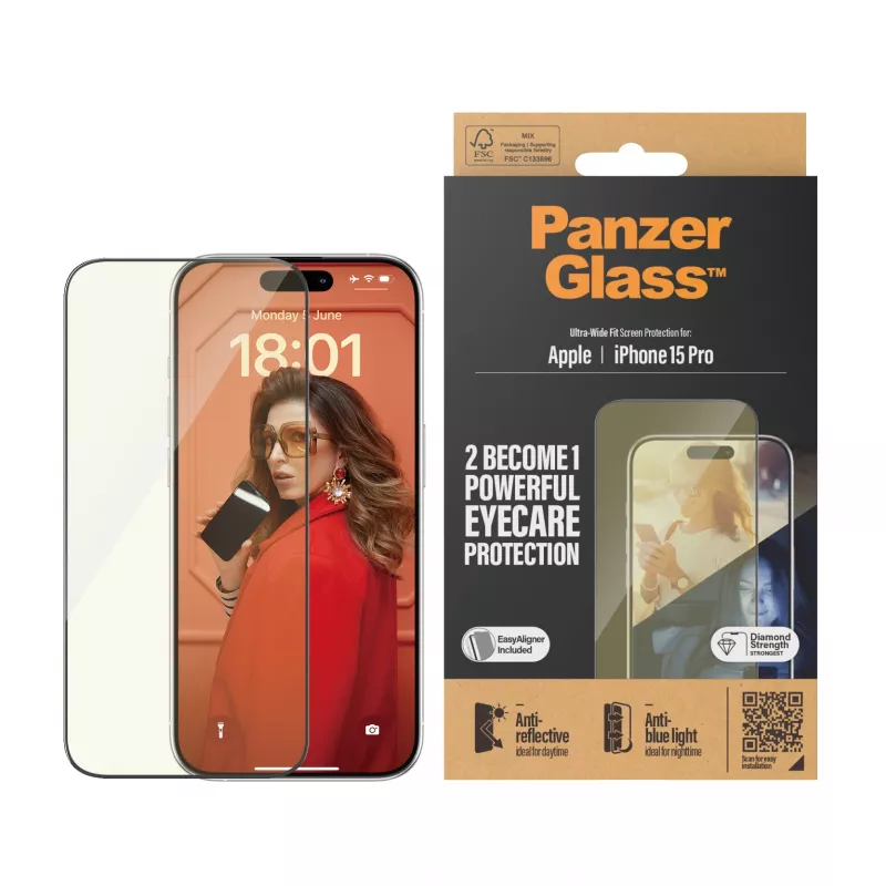 PanzerGlass ® EyeCARE™ schermbescherming iPhone 15 Pro | Ultra-Wide Fit met EasyAligner