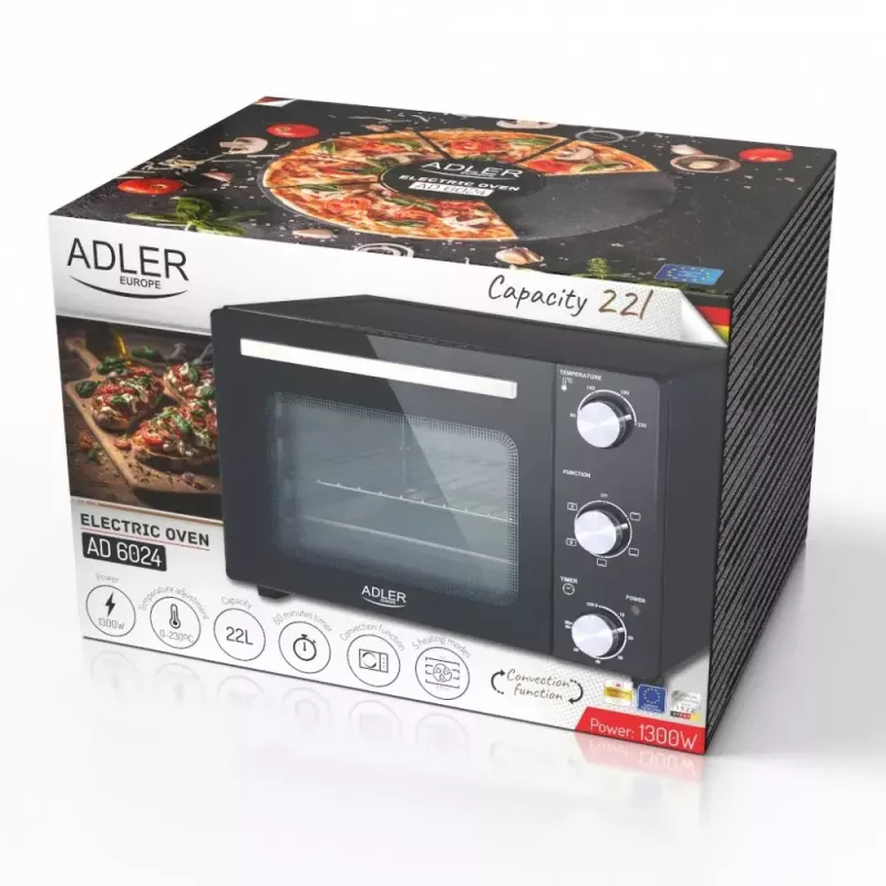 Elektrische tafeloven Adler AD 6024 — compact, 22 l inhoud, 1300 W, zwart