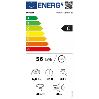 Voorlader wasmachine INDESIT MTWSA 61294 W EE, 6 kg, inverter motor, energie-efficiëntieklasse C
