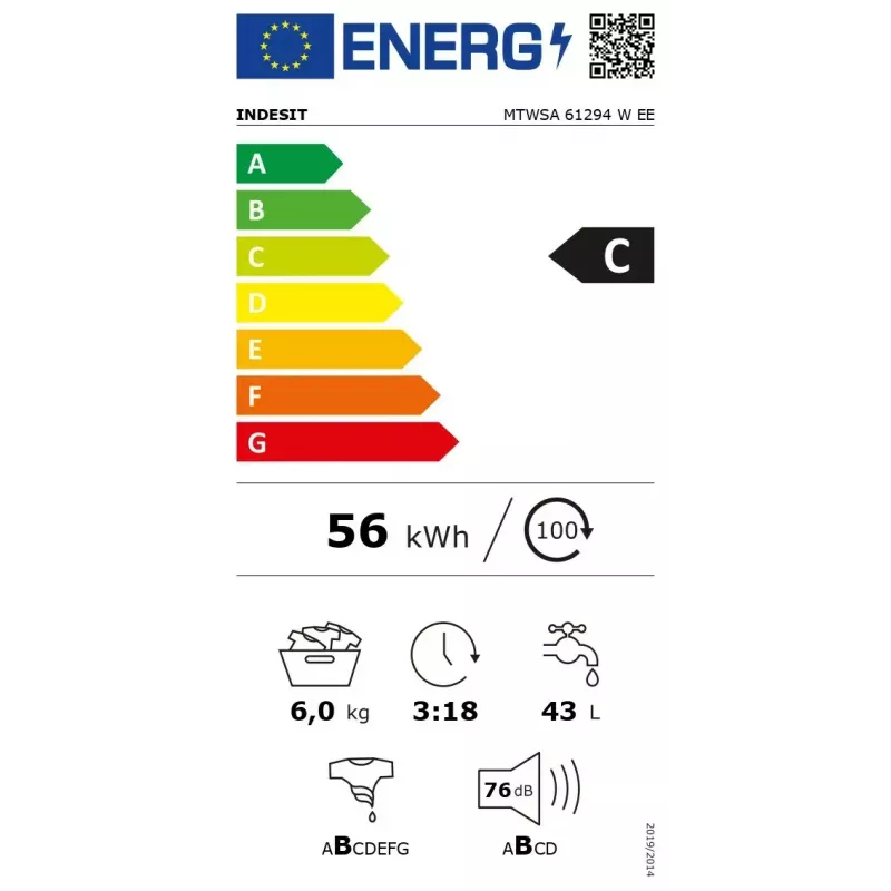 Voorlader wasmachine INDESIT MTWSA 61294 W EE, 6 kg, inverter motor, energie-efficiëntieklasse C