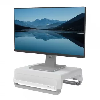 Fellowes computermonitorstandaard met 3 hoogte-instellingen - Breyta monitorverhoger met kabelmanagement - ergonomische verstelbare monitorstandaard voor computer - max. draagvermogen 15 kg - wit