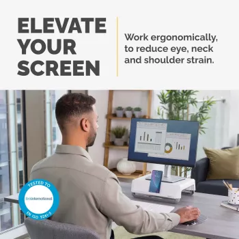 Fellowes computermonitorstandaard met 3 hoogte-instellingen - Breyta monitorverhoger met kabelmanagement - ergonomische verstelbare monitorstandaard voor computer - max. draagvermogen 15 kg - wit