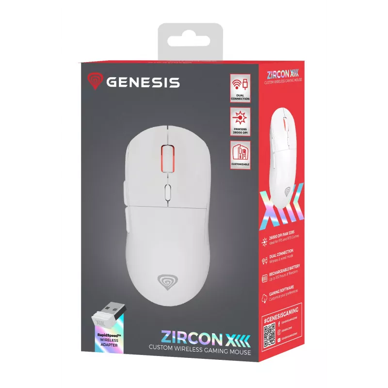 GENESIS Zircon XIII Muis Gaming Ambidextrous RF Draadloos + USB Type-C Optisch 26000 DPI