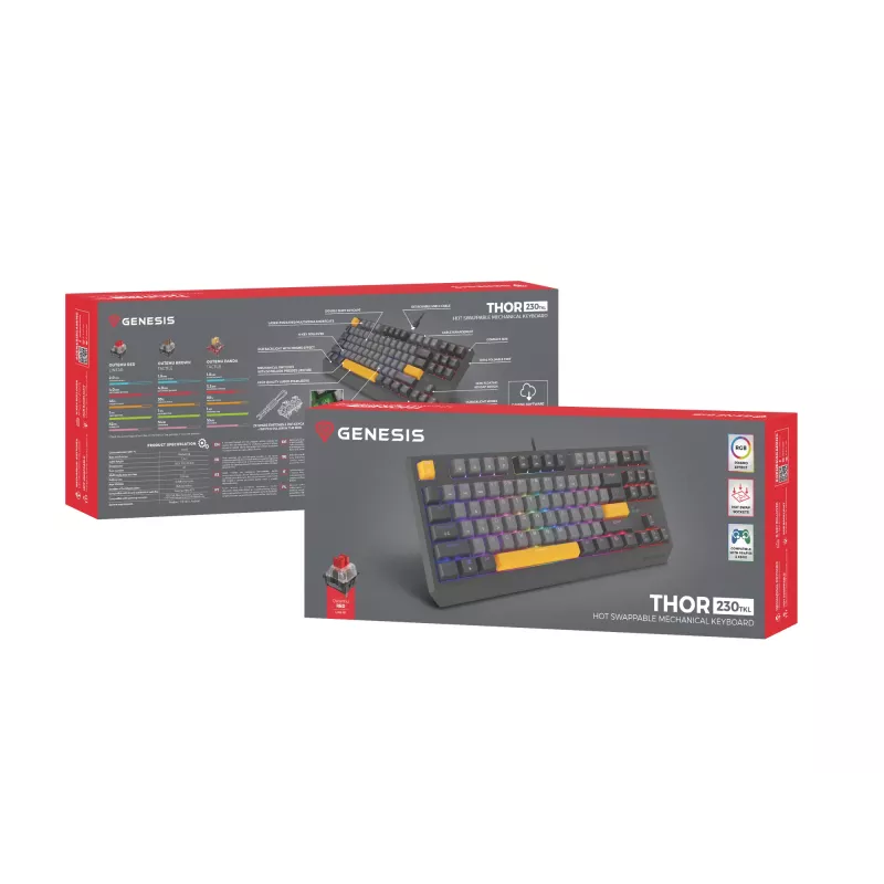 Genesis Thor 230 TKL bedraad mechanisch gamingtoetsenbord, US, Anchor Gray Negative, Outemu Red