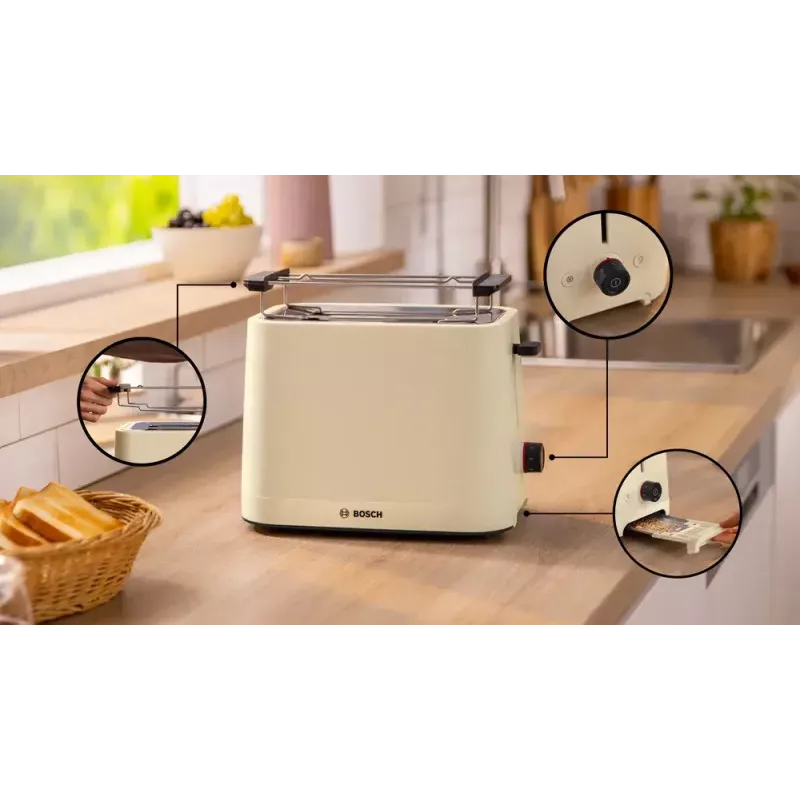Toaster Bosch Compact TAT3M127 – 2-slot beige kunststof behuizing, compact ontwerp