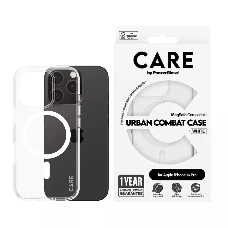 PanzerGlass CARE™ by ® Urban Combat hoesje transparant met witte MagSafe iPhone 16 Pro