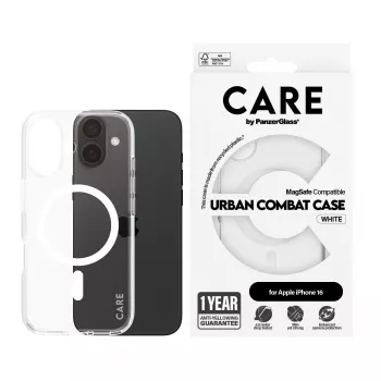 PanzerGlass CARE™ by ® Urban Combat Case transparant met witte MagSafe iPhone 16