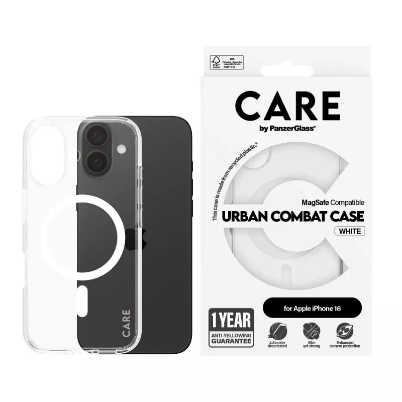 PanzerGlass CARE™ by ® Urban Combat Case transparant met witte MagSafe iPhone 16