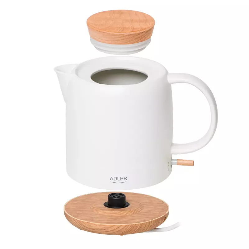 Elektrische waterkoker Adler AD 1304 — 1 L, 1200 W, keramische behuizing, klapdeksel, 360°-draaibasis, wit