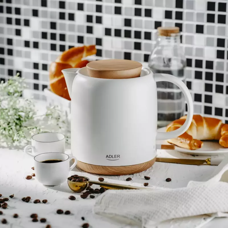 Elektrische waterkoker Adler AD 1304 — 1 L, 1200 W, keramische behuizing, klapdeksel, 360°-draaibasis, wit