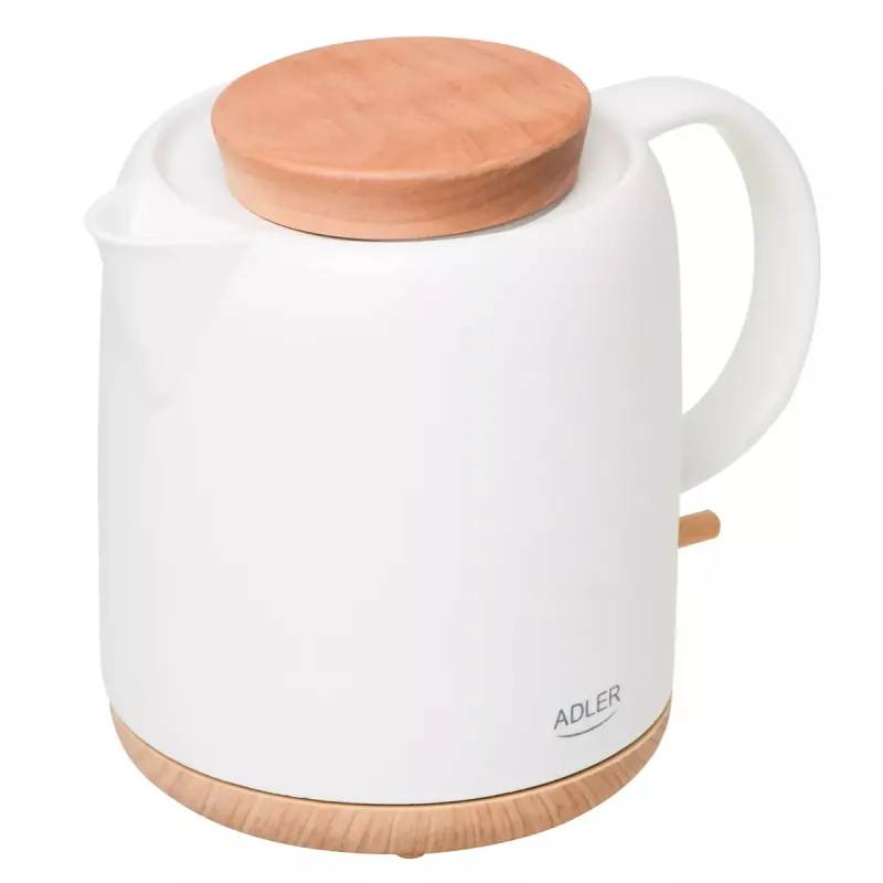 Elektrische waterkoker Adler AD 1304 — 1 L, 1200 W, keramische behuizing, klapdeksel, 360°-draaibasis, wit