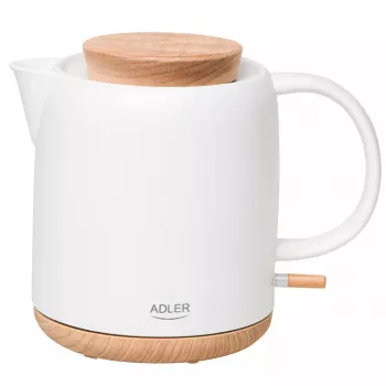 Elektrische waterkoker Adler AD 1304 — 1 L, 1200 W, keramische behuizing, klapdeksel, 360°-draaibasis, wit