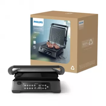 Philips 7000 serie contactgrill, zwart, rechthoekig, touch, 220 °C, klapdeksel, vergrendelbaar deksel, 180°