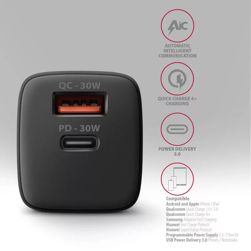 Axagon ACU-PQ30 PD3.0 & QC4+ 2x OUTPUT wandoplader 30W