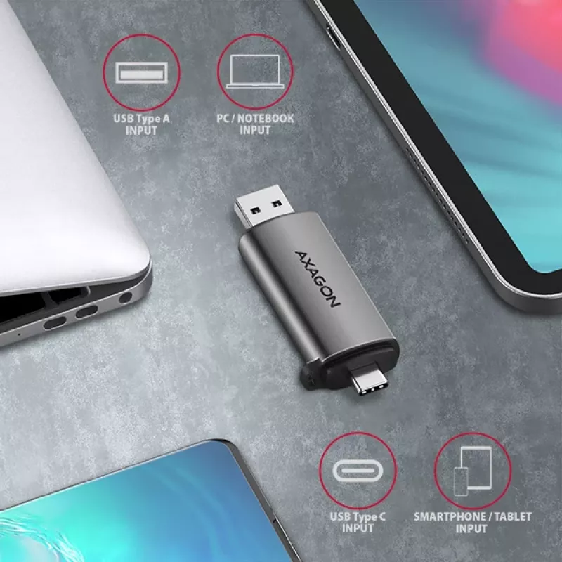 Axagon CRE-SAC SuperSpeed USB-C+USB-A kaartlezer 5 Gbit/s