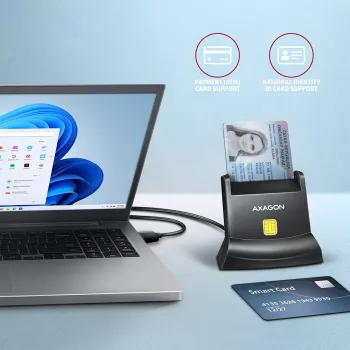 Axagon universele desktop USB contact smart-/ID-kaartlezer met lange USB-A-kabel. Geschikt voor de eObanka-applicatie. Smartcard-lezer indoor USB 2.0 zwart