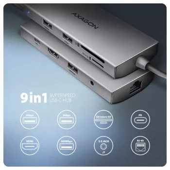 Axagon HMC-8HLSA, USB 5Gbps-hub, 3x USB-A, HDMI 4K/60Hz, RJ-45, SD/microSD, audio, PD 100W