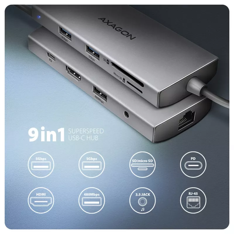 Axagon HMC-8HLSA, USB 5Gbps-hub, 3x USB-A, HDMI 4K/60Hz, RJ-45, SD/microSD, audio, PD 100W