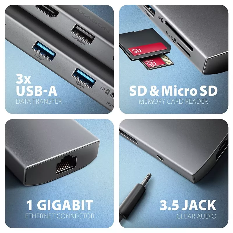 Axagon HMC-8HLSA, USB 5Gbps-hub, 3x USB-A, HDMI 4K/60Hz, RJ-45, SD/microSD, audio, PD 100W