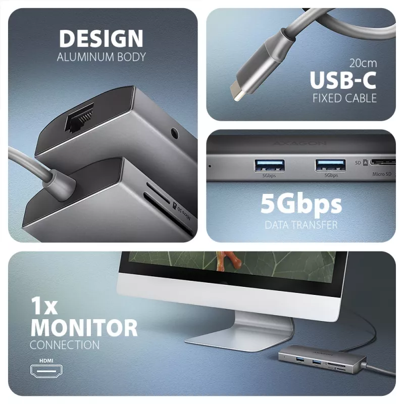 Axagon HMC-8HLSA, USB 5Gbps-hub, 3x USB-A, HDMI 4K/60Hz, RJ-45, SD/microSD, audio, PD 100W