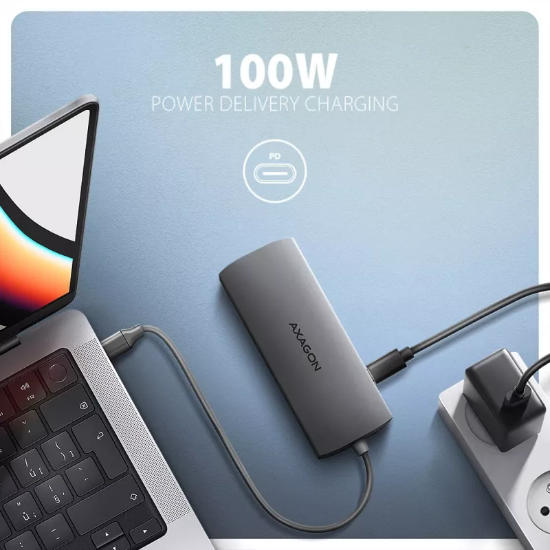 Axagon HMC-8HLSA, USB 5Gbps-hub, 3x USB-A, HDMI 4K/60Hz, RJ-45, SD/microSD, audio, PD 100W