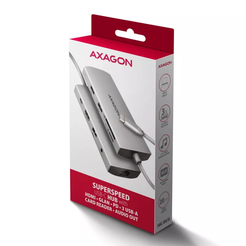 Axagon HMC-8HLSA, USB 5Gbps-hub, 3x USB-A, HDMI 4K/60Hz, RJ-45, SD/microSD, audio, PD 100W