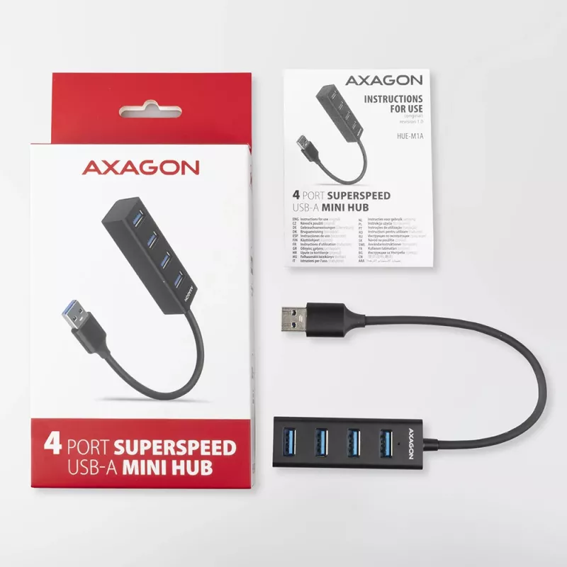 Axagon HUE-M1A 4x USB 3.2 Gen 1 MINI hub, metaal, 20 cm USB-A-kabel