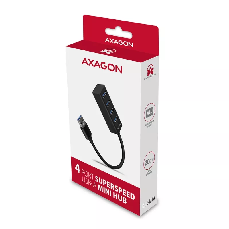 Axagon HUE-M1A 4x USB 3.2 Gen 1 MINI hub, metaal, 20 cm USB-A-kabel