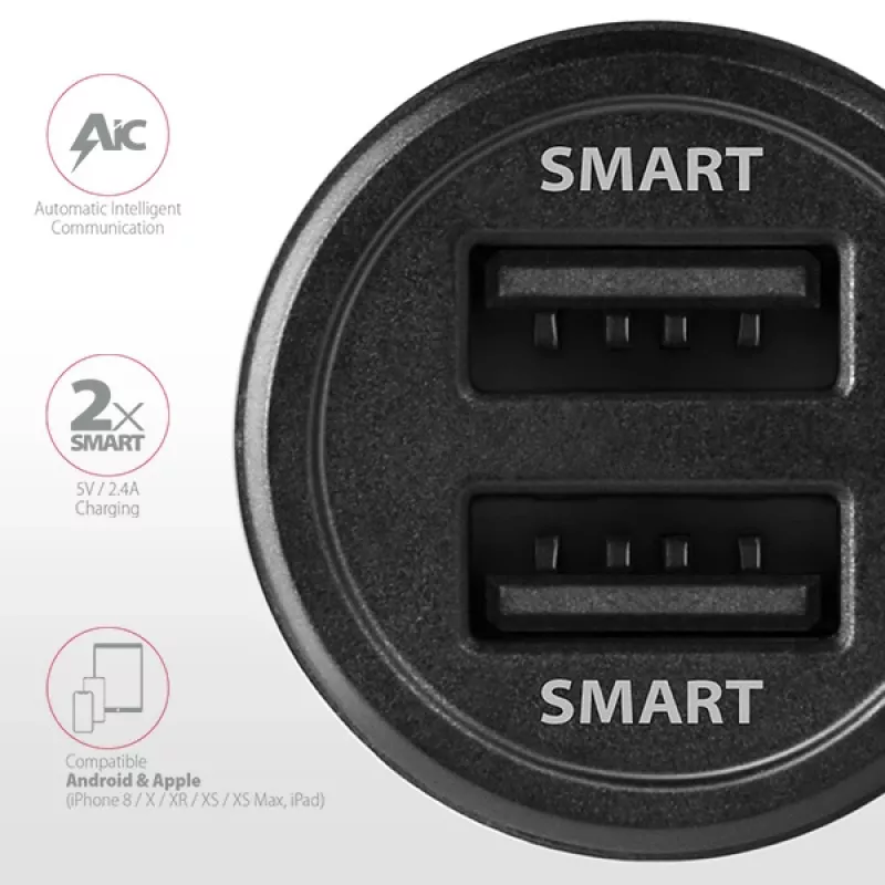 Axagon PWC-5V5 SMART auto-oplader 24W, 2x USB-A-poort, 5V/2,4A + 5V/2,4A