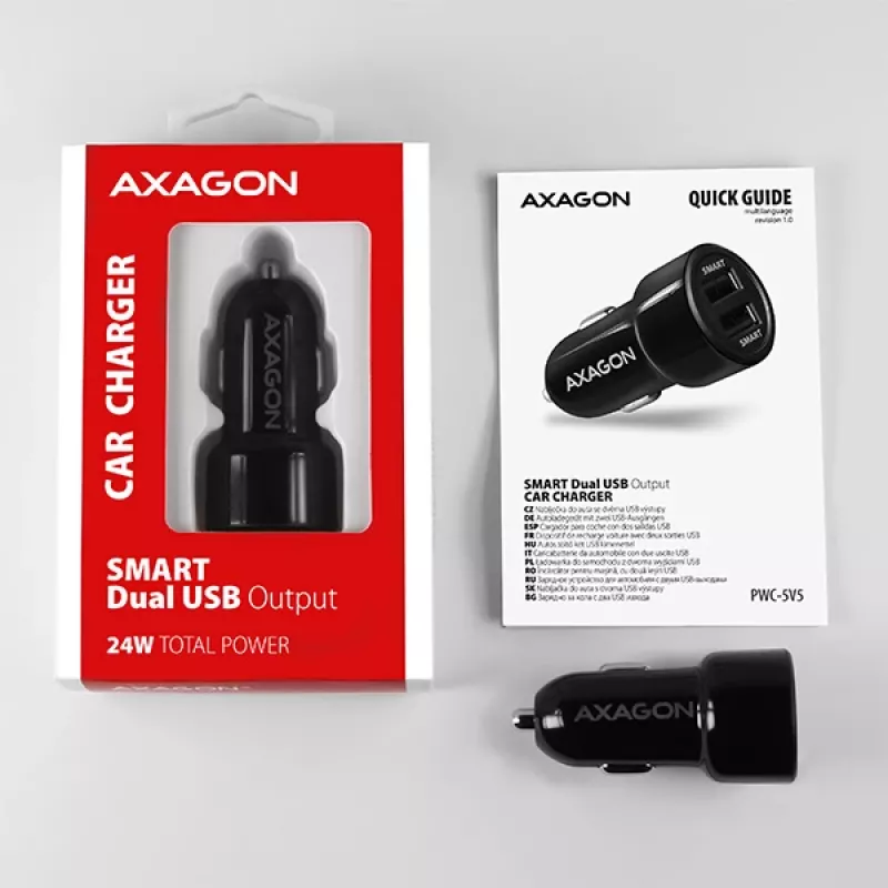Axagon PWC-5V5 SMART auto-oplader 24W, 2x USB-A-poort, 5V/2,4A + 5V/2,4A