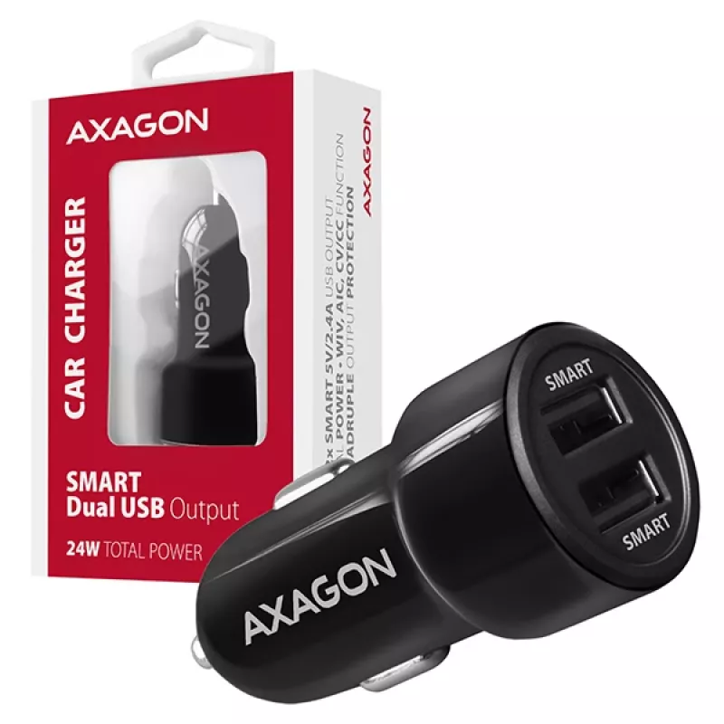 Axagon PWC-5V5 SMART auto-oplader 24W, 2x USB-A-poort, 5V/2,4A + 5V/2,4A