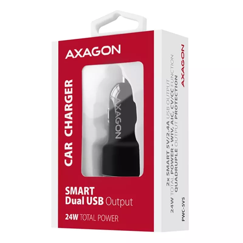 Axagon PWC-5V5 SMART auto-oplader 24W, 2x USB-A-poort, 5V/2,4A + 5V/2,4A