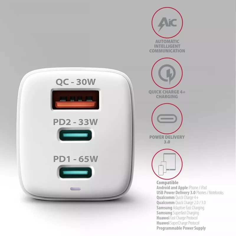 Axagon ACU-DPQ65W PD3.0 & QC4+ 3x UITGANGEN wandlader 65W