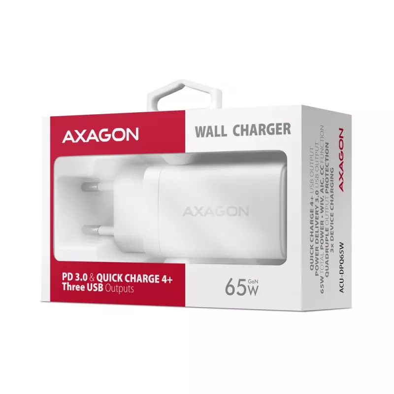 Axagon ACU-DPQ65W PD3.0 & QC4+ 3x UITGANGEN wandlader 65W