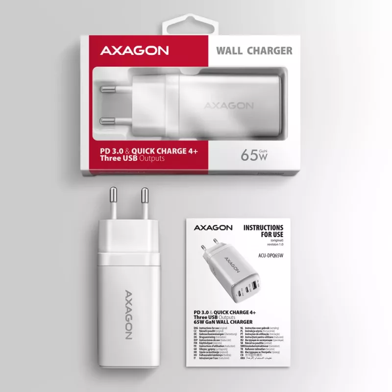 Axagon ACU-DPQ65W PD3.0 & QC4+ 3x UITGANGEN wandlader 65W