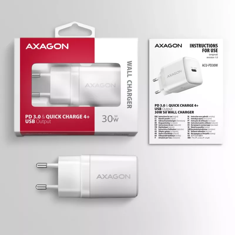Wandlader Axagon ACU-PD30W 1x QC3.0/AFC/FCP/PD Type-C 30W wit