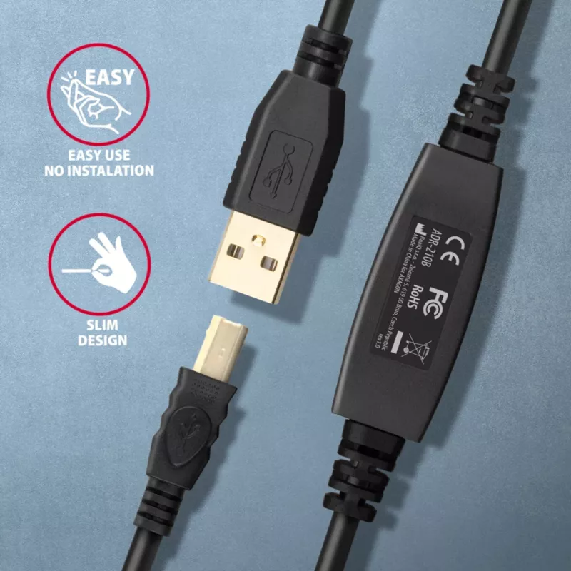 Axagon ADR-210B actieve verbindings-/repeaterkabel USB 2.0 A-stekker naar B-stekker, 10 m