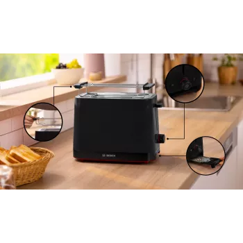Toaster Bosch TAT3M123 2 sneetjes, 950 W, zwart, draaiknop, ontdooien & opwarmen