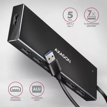 Axagon HUE-F7A 7x USB 3.2 Gen 1 ALU FLAT hub micro power IN 1m USB-A USB 3.2 Gen 1 (3.1 Gen 1) Type-A 5000 Mbit/s zwart