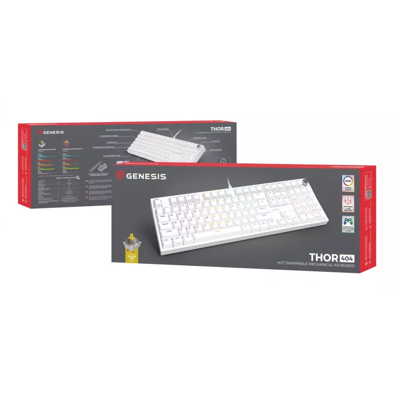 Mechanisch toetsenbord GENESIS THOR 404, full-size USB, QWERTY Engels, RGB-achtergrondverlichting, wit