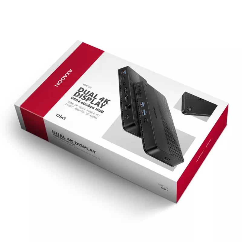Axagon HMC-U4 USB4-dock, 3x USB-A, 2x USB-C, HDMI & DP 8K/30Hz, RJ-45, SD/mSD, audio, PD 100W