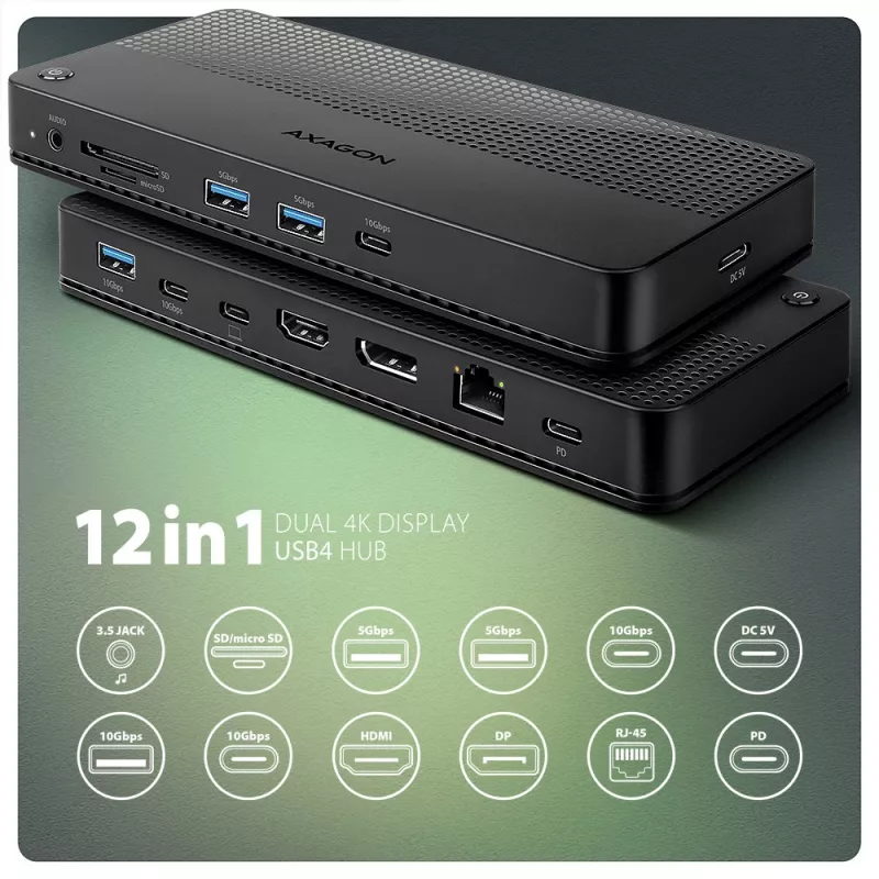 Axagon HMC-U4 USB4-dock, 3x USB-A, 2x USB-C, HDMI & DP 8K/30Hz, RJ-45, SD/mSD, audio, PD 100W