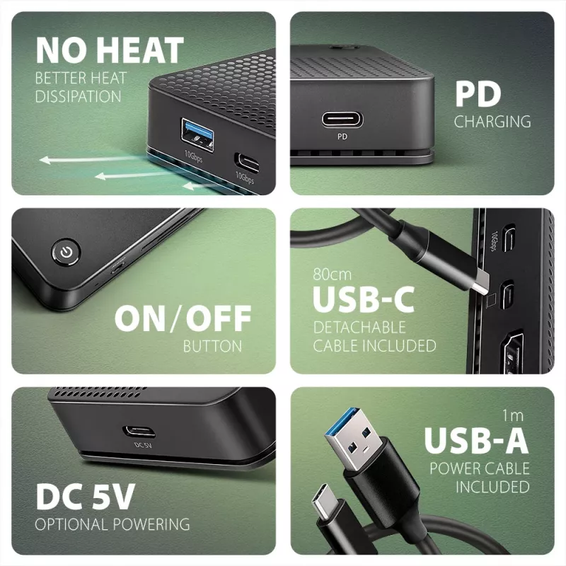 Axagon HMC-U4 USB4-dock, 3x USB-A, 2x USB-C, HDMI & DP 8K/30Hz, RJ-45, SD/mSD, audio, PD 100W